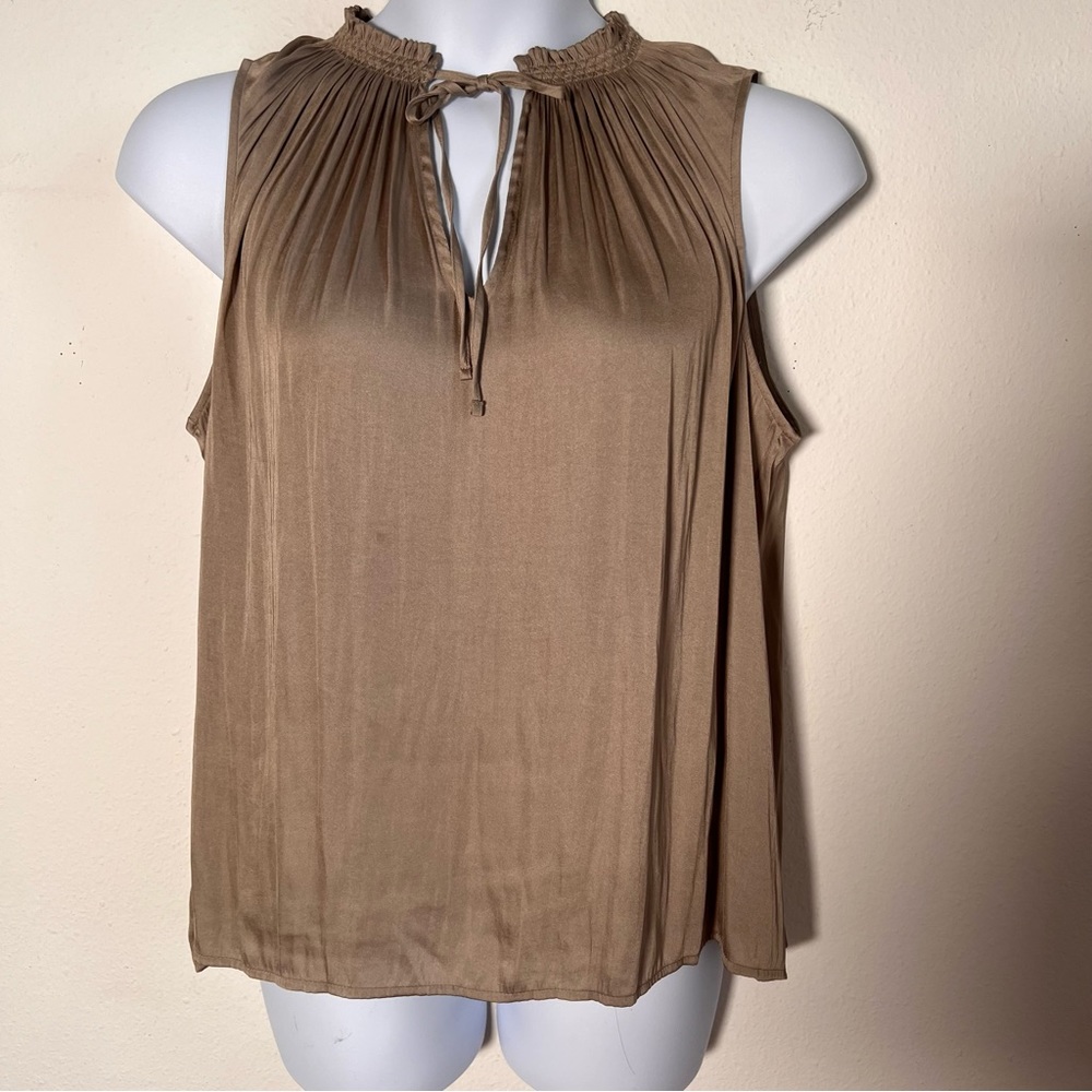 NWT Size XXL Satiny Sleeveless Blouse in Tan Taupe with a tie at collar